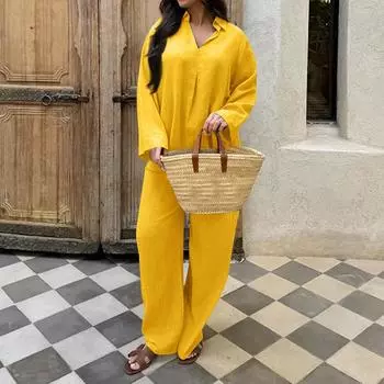Женские комплекты из 2 предметов, топы с короткими рукавами и широкими штанами, спортивные костюмы S жёлтый
