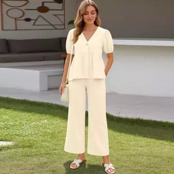 Женские комплекты из 2 предметов, топы с короткими рукавами и широкими штанами, спортивные костюмы L бежевый