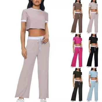 Женские комплекты из двух частей: топы с коротким рукавом, футболки, широкие брюки, комплекты XXL хаки