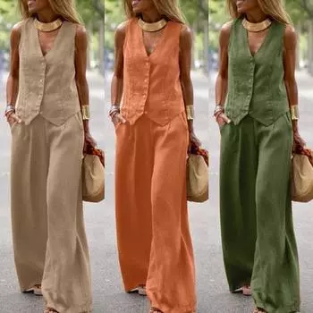 Женские комплекты из двух предметов, блузка без рукавов, майки и длинные брюки, широкие брюки, повседневные свободные костюмы размера плюс XXXXXL оранжевый