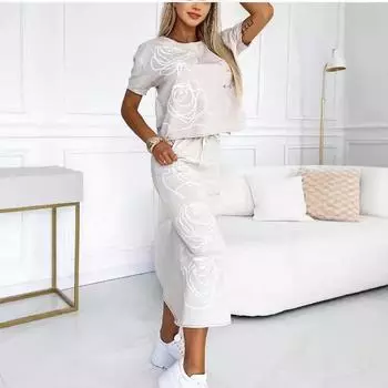 Женские комплекты из двух предметов: футболка с короткими рукавами и круглым вырезом, полудлинная юбка 4XL абрикосовый