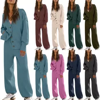 Женские комплекты из двух предметов: комплекты свитеров, вязаный кардиган большого размера и мешковатые брюки с высокой талией, одинаковые комплекты L