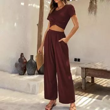 Женские комплекты из двух предметов, льняные комплекты, укороченные топы на пуговицах с короткими рукавами, повседневные шорты, комплект с карманами L винный