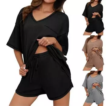 Женские комплекты из двух предметов: повседневные топы с коротким рукавом, шорты на шнурке, комплекты брюк M чёрный