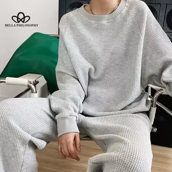 Женские комплекты из двух предметов с круглым вырезом, женские топы с капюшоном, повседневная одежда и брючный костюм, однотонный свободный стиль, женские спортивные костюмы M темно-синий