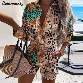 Женские комплекты из двух предметов с леопардовым принтом, лето 2021, рубашка с отложным воротником, топ, короткие брючные костюмы, женский повседневный наряд с длинными рукавами XXL розовый