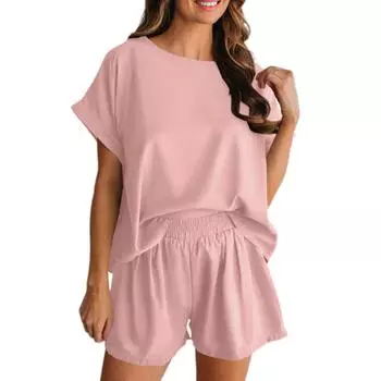 Женские комплекты из двух предметов. Топы с короткими рукавами. Повседневные шорты с карманами. L розовый