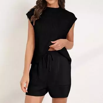 Женские комплекты из двух предметов. Топы с короткими рукавами. Повседневные шорты с карманами. L чёрный