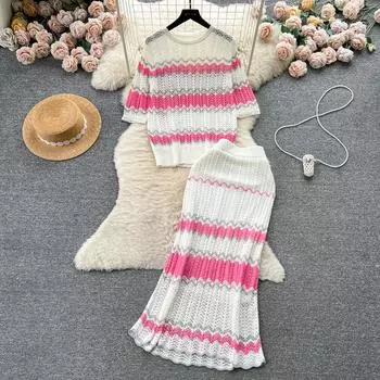 Женские комплекты из двух предметов, трикотажная волнистая футболка + юбка с запахом, комплект с юбкой с высокой талией в корейском стиле, летний дропшиппинг One Size чёрный