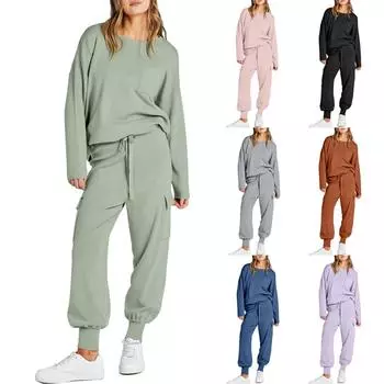 Женские комплекты из двух предметов, трикотажные свитера, пуловеры с длинными рукавами, топы и брюки-карго для бега, одинаковые комплекты для отдыха