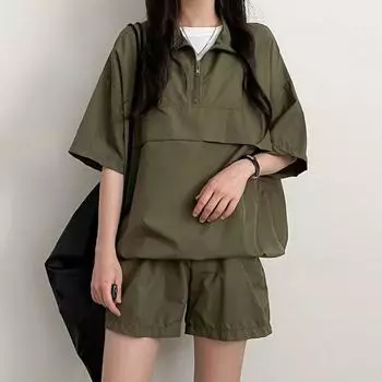 Женские комплекты из двух предметов, водолазка, футболки на молнии + шорты, летняя повседневная спортивная одежда, однотонные наряды, женский свободный спортивный костюм S чёрный