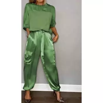 Женские комплекты из однотонного глянцевого атласа с рукавом три четверти, футболка, брюки 4XL абрикосовый