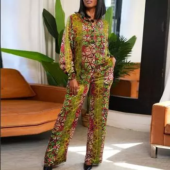 Женские комплекты из рубашки с длинным рукавом и брюк большого размера с принтом 4XL синий