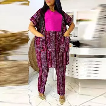 Женские комплекты из топов и брюк больших размеров с V-образным вырезом и коротким рукавом с принтом M жёлтый