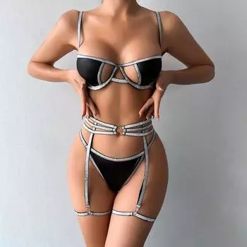 Женские комплекты нижнего белья из 3 предметов, сексуальные кружевные блестящие необычные экзотические комплекты, комплекты Push Up Bilizna, роскошный комплект с поясом для чулок M