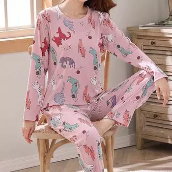 Женские комплекты одежды для сна, пижамы с рисунком, футболка с длинным рукавом и брюки, костюм из двух предметов, весна-осень, домашняя одежда, модная ночная одежда M жёлтый