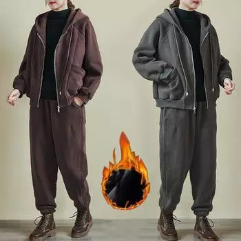 Женские комплекты одежды, толстовки на молнии + шаровары, комплект из 2 предметов, однотонный осенне-зимний флисовый утепленный женский повседневный спортивный костюм 4XL чёрный