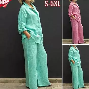 Женские комплекты, осенне-зимний профессиональный костюм-рубашка, модная рубашка с отворотом и длинными рукавами и широкие брюки, комплект из 2 предметов, повседневный однотонный костюм XXXXXL
