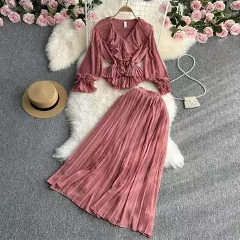 Женские комплекты платьев Милый топ с v-образным вырезом и расклешенными рукавами + плиссированная полуюбка с высокой талией One Size