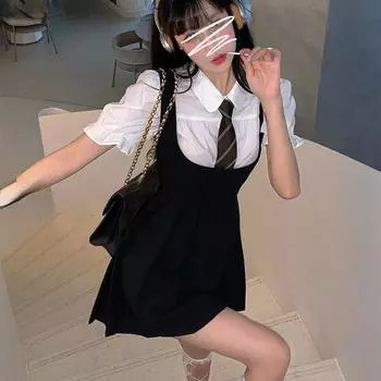 Женские комплекты платьев в консервативном стиле, тонкие рубашки для девочек с пышными рукавами, плиссированные платья, студенческие Harajuku Ulzzang JK Hot S чёрный