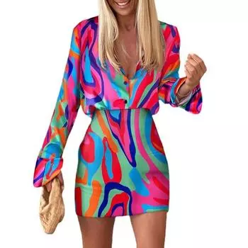 Женские комплекты: повседневная рубашка с длинными рукавами и v-образным вырезом с принтом + короткая юбка, комплект из двух предметов L красный/хаки