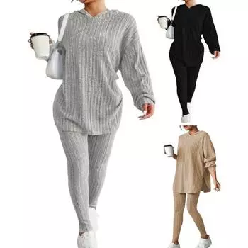 Женские комплекты с длинным рукавом, свободная толстовка с капюшоном, длинные брюки, 2 шт./комплект 2XL чёрный