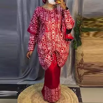 Женские комплекты с круглым вырезом и длинным рукавом с принтом и юбкой 4XL красный