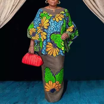 Женские комплекты с круглым вырезом и длинными рукавами с принтом и расклешенной юбкой больших размеров M зелёный