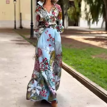 Женские комплекты с принтом, элегантные, романтические, курортный стиль, с ремешками на талии, с длинными рукавами, V-образным вырезом, рубашка, длинная юбка L синий