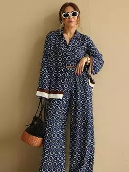 Женские комплекты с принтом, длинный рукав, отложной воротник, однобортный топ, высокая талия, широкие брюки, осенний женский костюм M чёрный