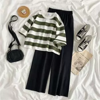 Женские комплекты, шикарные полосатые летние женские наряды для отдыха, корейский модный мягкий укороченный топ, широкие женские брюки с высокой талией XS зелёный