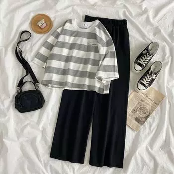 Женские комплекты, шикарные полосатые летние женские наряды для отдыха, корейский модный мягкий укороченный топ, широкие женские брюки с высокой талией XS серый