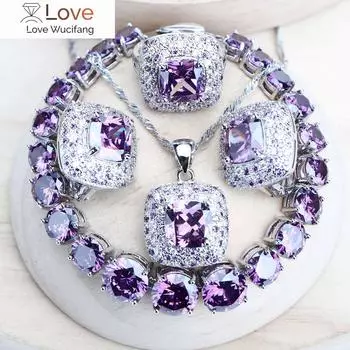 Женские комплекты свадебных украшений с фиолетовым цирконием, серебро 925, изысканная бижутерия, свадебные серьги, кольца, браслеты, ожерелье с подвеской 7