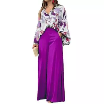 Женские комплекты свободного покроя, большие размеры, рубашка с длинными рукавами и принтом, однотонные брюки с высокой талией и широкими штанинами L чёрный