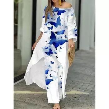 Женские комплекты свободного покроя больших размеров с нерегулярным принтом, топы с длинными рукавами и прямые брюки 2XL