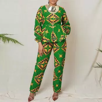 Женские комплекты свободных блузок с длинными рукавами и принтом больших размеров с круглым вырезом и брюками M ярко-розовый