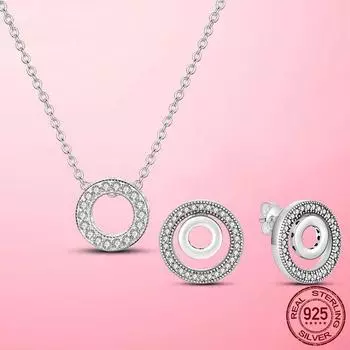 Женские комплекты ювелирных изделий из серебра 925 пробы, круглые серьги, ожерелье, женский комплект ювелирных изделий из циркония, свадебные украшения для невесты серебряный