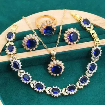 Женские комплекты ювелирных изделий с синим цирконием золотого цвета, свадебные украшения, серьги, кольца, браслеты, кулон, ожерелье, подарок на день матери 7