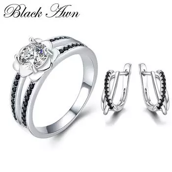 Женские комплекты ювелирных украшений с черным камнем, бижутерия, модные комплекты ювелирных изделий, кольца, серьги для женщин
