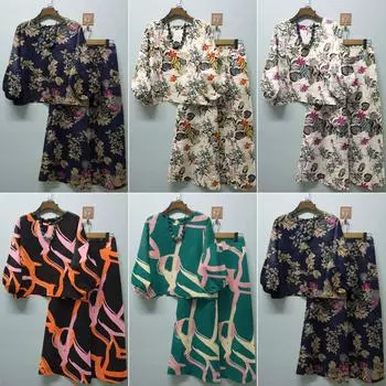 Женские комплекты в стиле бохо с цветочным принтом, винтажная блузка с рукавом 3/4, широкие брюки, повседневный рабочий спортивный костюм из 2 предметов S бежевый