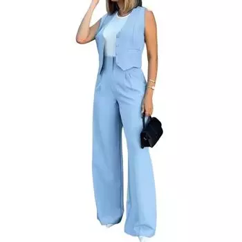 Женские комплекты жилетов, офисные женские нарядные комплекты из двух предметов, блейзер без рукавов на пуговицах S светло-синий