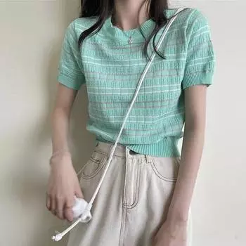 Женские корейские футболки в полоску, летние милые повседневные трикотажные футболки с короткими рукавами и круглым вырезом, топы One Size