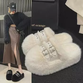 Женские корейские тапочки на толстой подошве 7 см из меха - Теплая, удобная домашняя обувь на плоской подошве 39 хаки
