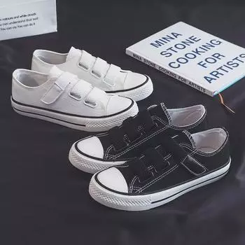 Женские корейские весенние парусиновые низкие туфли на липучках - CF005 Size 39 чёрный