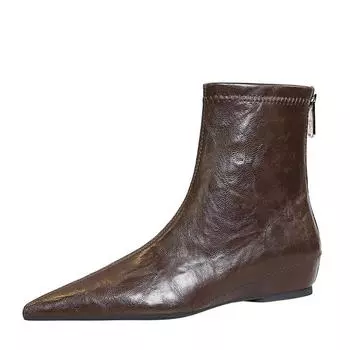 Женские коричневые ботильоны из искусственной кожи, винтажные сапоги с заостренным носком, увеличивающие рост, модные рыцарские сапоги 2024 года на молнии сзади 36