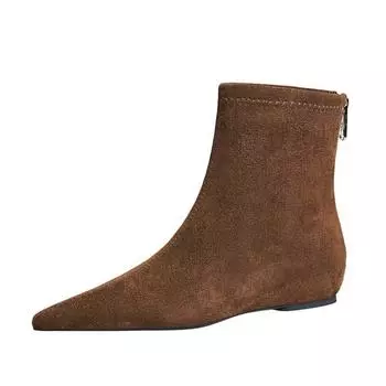 Женские коричневые замшевые короткие ботинки, винтажные повседневные ботинки с острым носком и молнией сзади, зимние элегантные женские ботинки челси с утолщением 2024 года 36