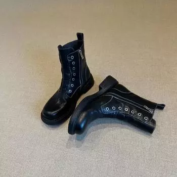 Женские короткие ботинки Martin в британском стиле с толстой подошвой и круглым носком из мытой кожи с молнией сбоку 35 чёрный