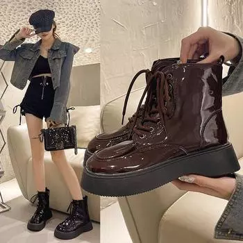 Женские короткие ботинки на платформе. Уличные ботинки из искусственной кожи без шнуровки. Повседневные ботинки на шнуровке. Высокомодные женские сапоги до щиколотки на массивном каблуке с отделкой.