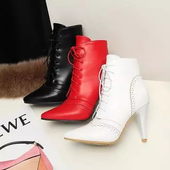 Женские короткие ботинки на высоком каблуке, осенне-зимние новые однотонные короткие ботинки на шнуровке в винтажном стиле с острым носком на тонком каблуке 34 чёрный