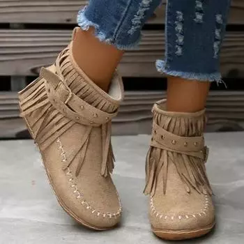 Женские короткие ботинки осень/зима новые плоские ботинки с кисточками на молнии плюшевые теплые удобные нескользящие ботинки челси защита от холода 36 чёрный